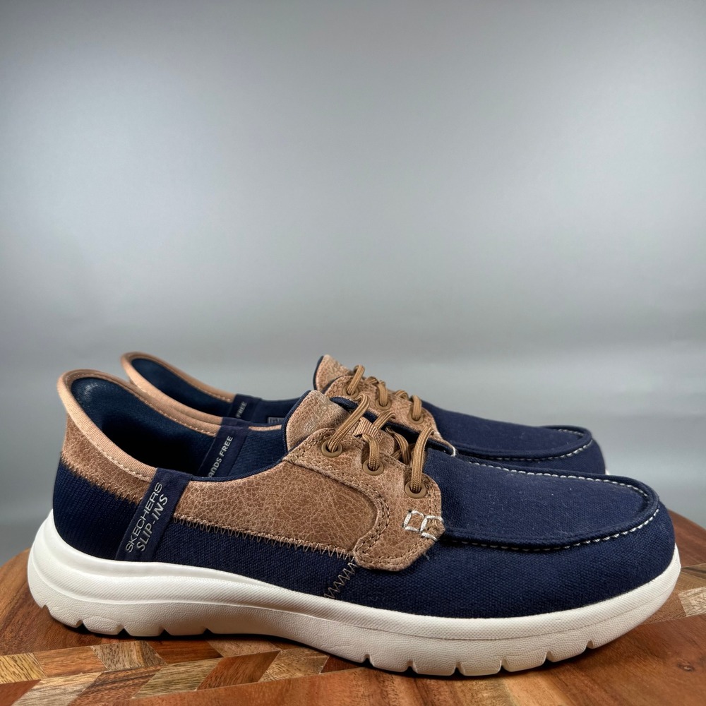 Skechers Slip-ins On-the-GO Ideal Navy Tan Boat Shoes 136536 Women 7.5